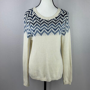 Coldwater Creek Women Small Cream Blue Chevron Wool Linen Blend Pullover Sweater